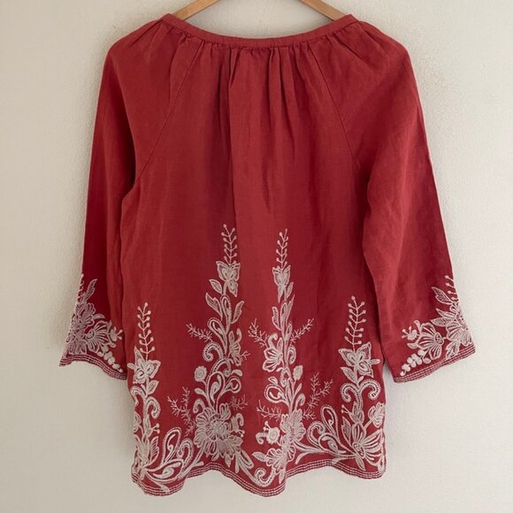 JOHNNY WAS Brick Red Embroidered 100% Linen Peasant Top: Size Small; NWOT! - Picture 4 of 9